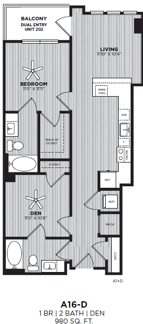 Floor plan for 1 bed, 1 bath, 980 sqft